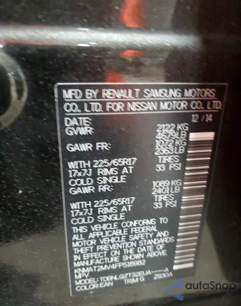 2015 Nissan Rogue S z USA, uszkodzony, nr VIN KNMAT2MV4FP518982